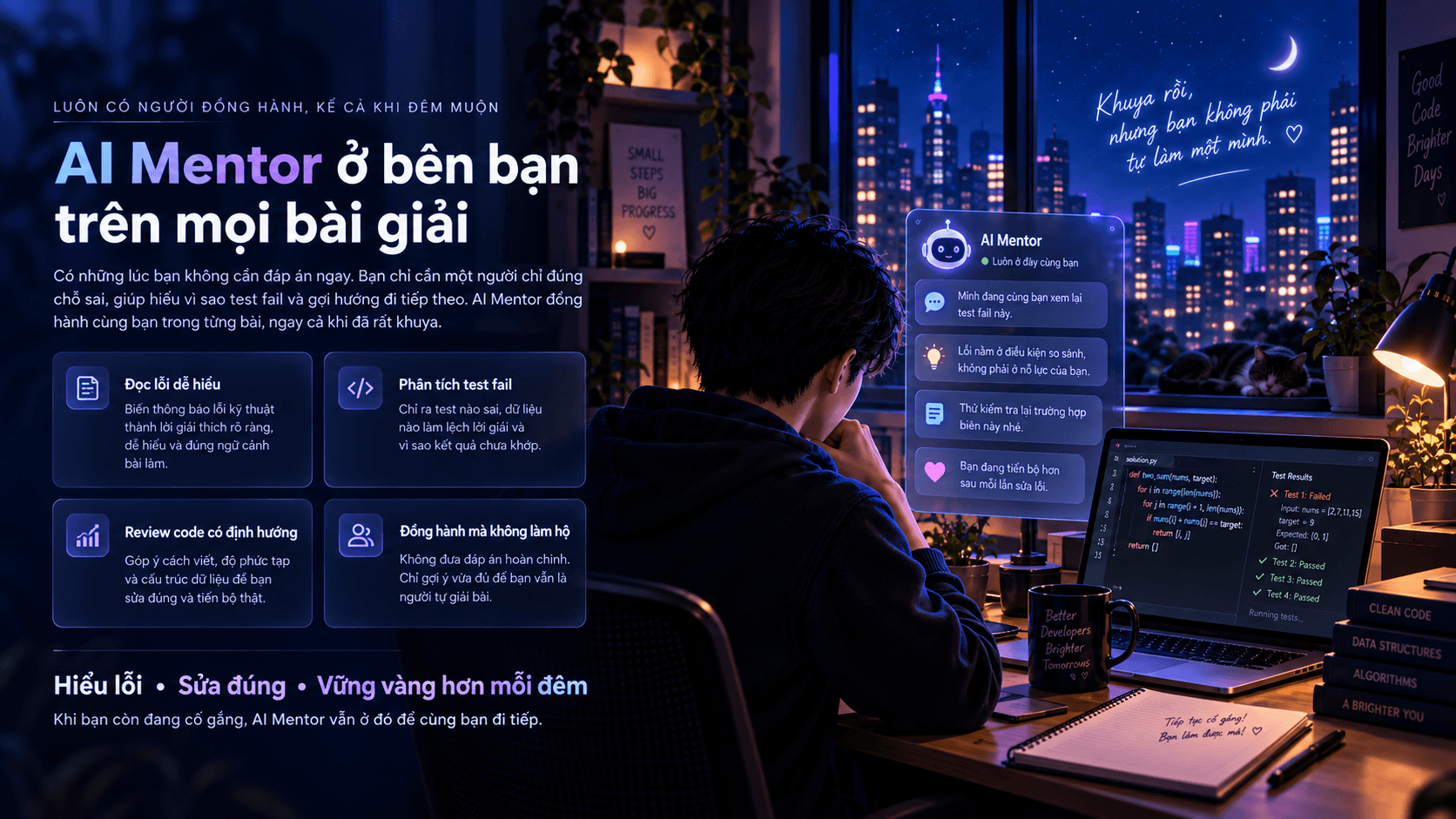 AI Mentor ở bên bạn trên mọi bài giải: đọc lỗi dễ hiểu, phân tích test fail, review code có định hướng và đồng hành mà không làm hộ, kể cả khi đêm muộn