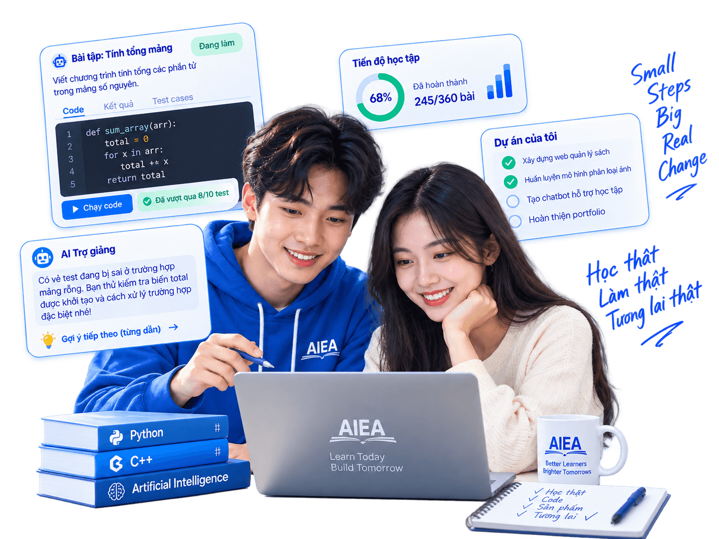 Hai học viên AI Empire Academy cùng học lập trình với bài tập, tiến độ và trợ giảng AI